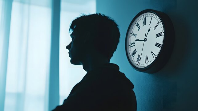 Stylized clock inside human silhouette symbolizes the passage of time and its impact on human life, representing the balance between moments and existence