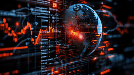 close up view of globe surrounded by interconnected financial networks, showcasing data visualization and global finance trends. vibrant colors create dynamic atmosphere
