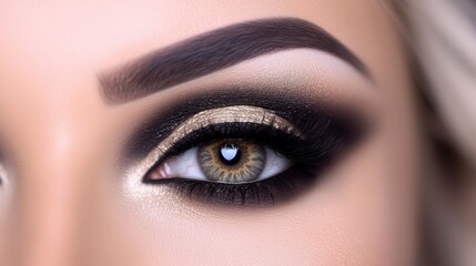 Fototapeta premium A close-up view of an eye showcasing dramatic makeup with bold black eyeliner, shimmering gold accents, and striking eyebrow shaping.