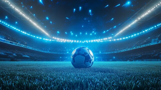  Soccer ball on the grass in a modern stadium with blue bright floodlights