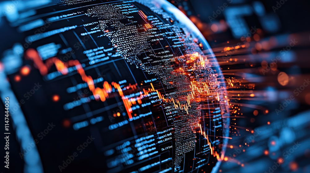 Fototapete close up of globe showcasing interconnected financial networks, with vibrant data visualizations and