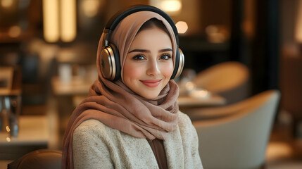 Woman in Hijab Listens to Music with Headphones Joyfully Indoors
