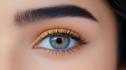 Fototapeta premium A close-up view of a striking blue eye with golden-toned makeup, showcasing long lashes and well-defined brows.