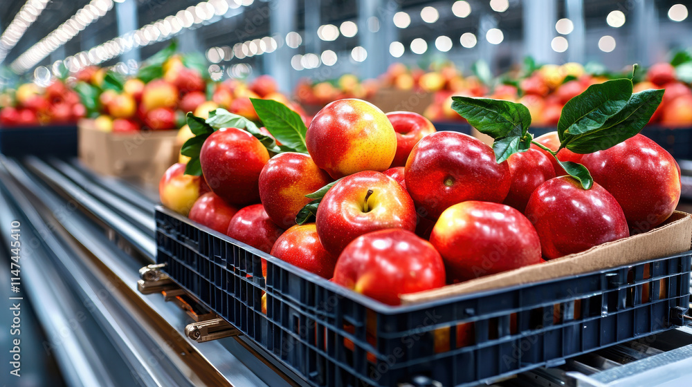 Leinwandbilder Fresh red apples in crates on conveyor belt in modern packaging facility, showcasing high tech fruit sorting system. vibrant colors and shiny surfaces create appealing visual