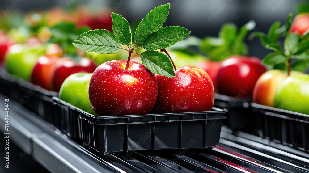 Aufkleber fresh red and green apples in packaging system, showcasing high tech fruit sorting process. vibrant 