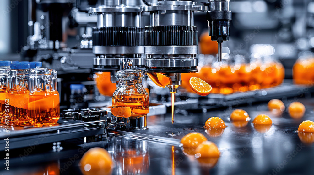Poster high tech fruit peeler in action, showcasing automated orange processing with vibrant juice and slic