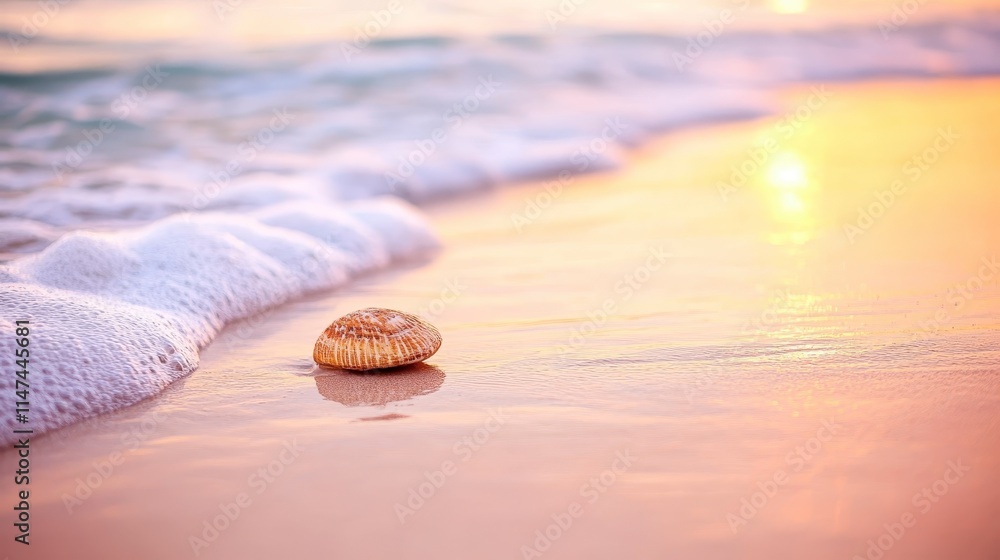 Poster a serene beach scene featuring a single shell resting on the wet sand, with gentle waves lapping at 