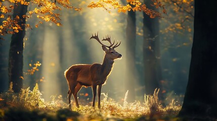 Red Deer Buck Standing in Sunlight in Autumn Forest