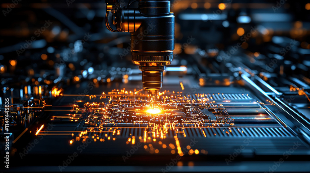 Poster Close up of robotic arm working on circuit board in engineering workshop, showcasing intricate details and sparks of light. scene highlights advanced technology and precision