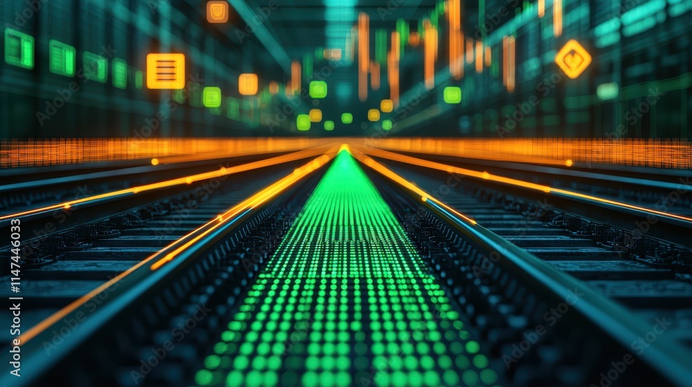Aufkleber digital landscape with illuminated railway tracks and data signals