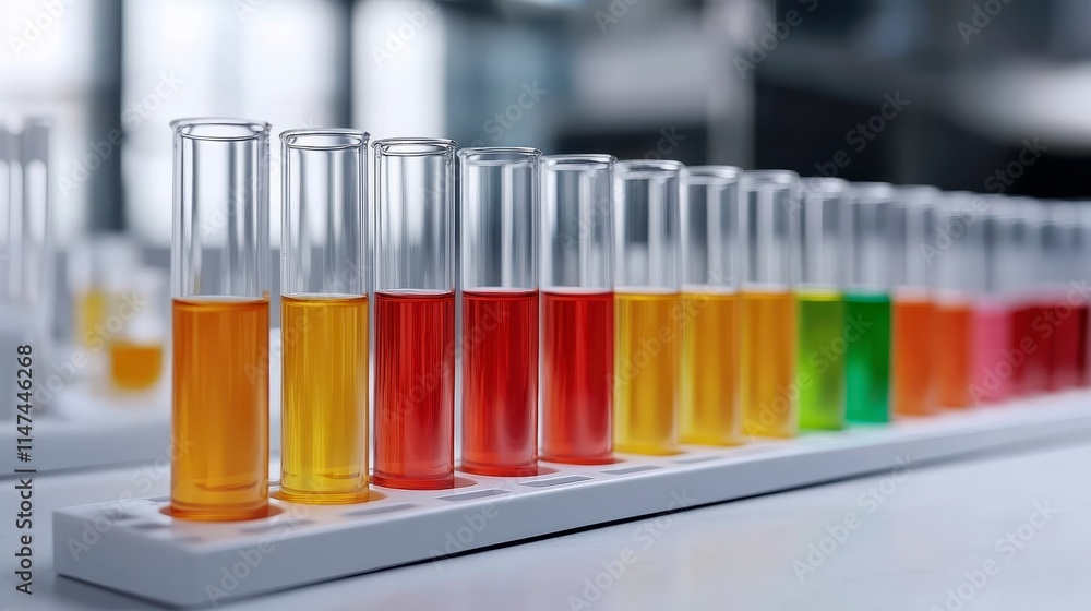 Poster colorful test tubes filled with various liquids arranged neatly on a stand in a laboratory setting.