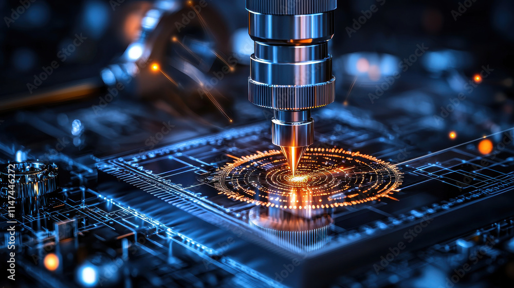 Aufkleber high tech laser engraving on circuit board, showcasing precision and innovation. intricate design hi