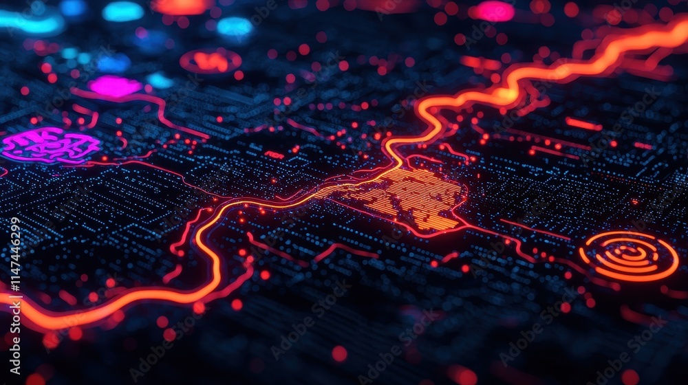 Poster futuristic digital landscape with glowing circuit patterns and symbols