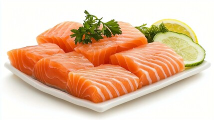 A clean presentation of raw sashimi-grade salmon and white fish slices on a ceramic platter with garnishes.