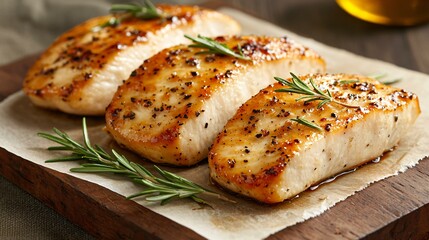 A close-up view of fresh chicken breast fillets resting on a rustic wooden surface, with a garnish of rosemary and olive oil.