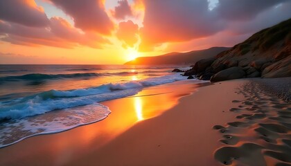 Obraz premium A beautiful sunset over a sandy beach with waves crashing on the shore, leaving footprints in the sand vibrant sunrise over a rocky coastline with calm waters lapping at the stones