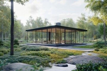Obraz premium Modern glass house nestled in a lush green forest landscape.