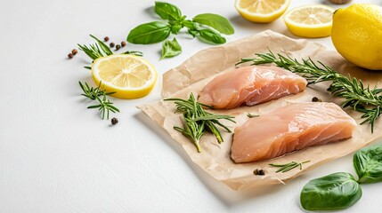 Fresh raw chicken fillets displayed with herbs and lemon slices, creating a clean and appetizing setup.