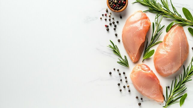 Fresh raw chicken fillets on a smooth marble surface, surrounded by subtle herbs and spices for an aesthetic presentation.