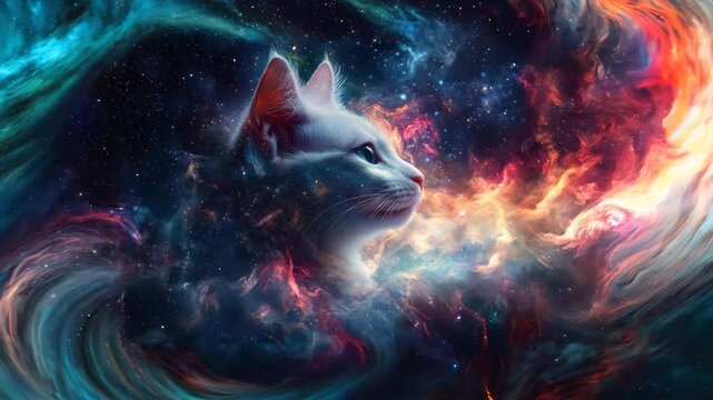 Cat head surrounded by vibrant outer space elements showcasing cosmic colors and textures, cat head and outer space seamless ing timelapse virtual video Background