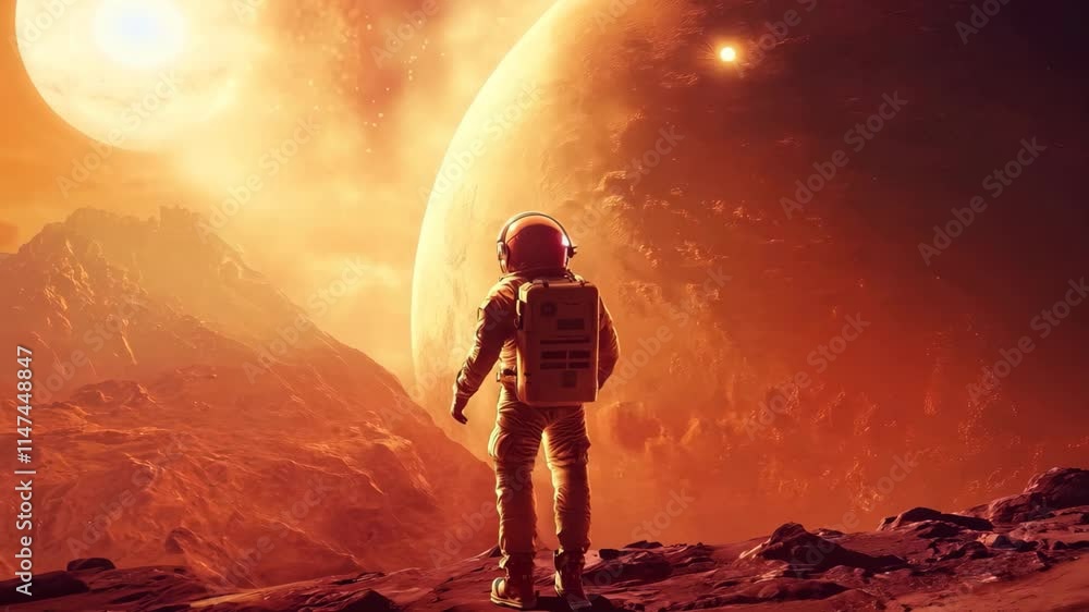 Poster exploring the martian landscape with an astronaut under a glowing sky, an astronaut on mars planet v