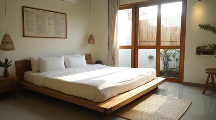 Sunlit minimalist bedroom with platform bed, wooden furniture, and patio doors.
