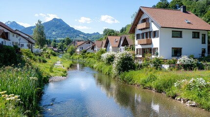 Obraz premium Idyllic village stream with houses and mountains.