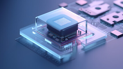 Fototapeta premium Isometric 3D CPU Close-Up, Transparent Technology Sense, Minimalist Icon Design, Clean Lines, Contemporary Style, Mechanical Keyboard, Semi-Transparent Frosted Glass Texture.