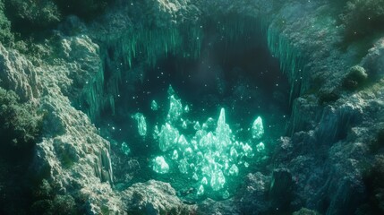 Obraz premium Glowing crystals in a dark cave.