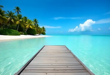 Fototapeta premium Wooden dock overlooking a tropical beach with turquoise water and a clear blue sky