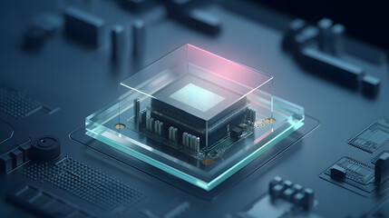 Isometric 3D CPU Close-Up, Transparent Technology Sense, Minimalist Icon Design, Clean Lines, Contemporary Style, Mechanical Keyboard, Semi-Transparent Frosted Glass Texture.