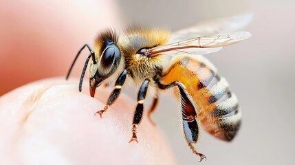 Close-up of honeybee on human finger.