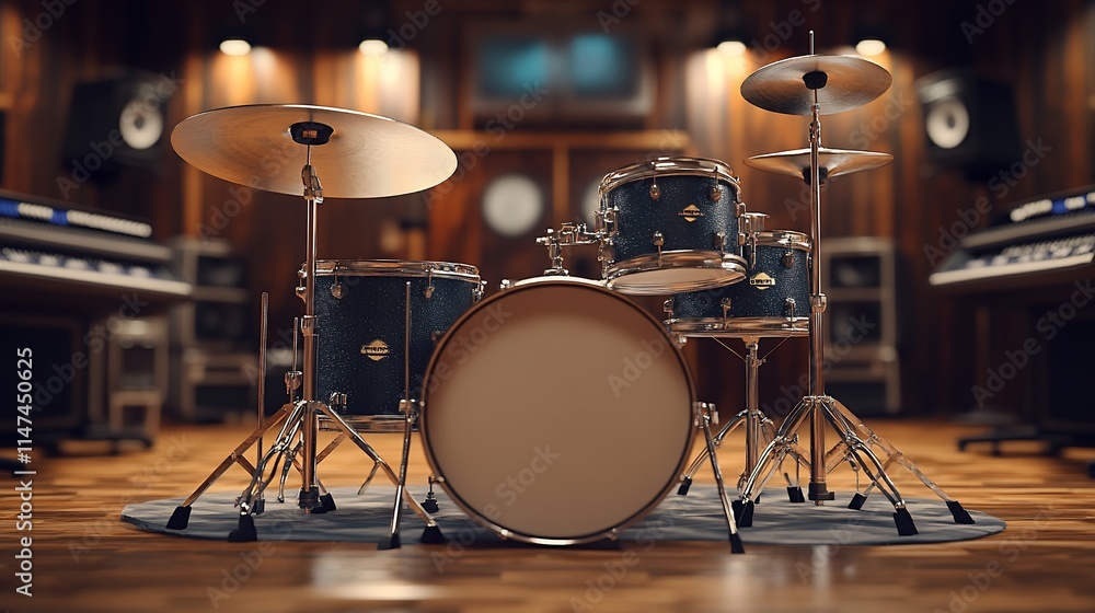 Poster a drum set positioned in a music studio, ready for recording or practice.