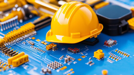 Hard Hat on Circuit Board: Symbol of innovation and safety in the tech industry.  A yellow hard hat rests on a complex blue circuit board, representing the intersection of construction, engineering.