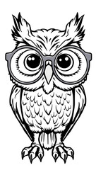 Fototapeta premium “Funny Owl with Oversized Glasses Outline Only, No Fill Color, Thicker Line” – A doodle of an owl with huge round glasses, drawn in a thick-lined outline style with no fill color on a plain white back