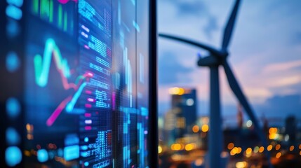 A large screen displaying financial data with a wind turbine in the background at sunset.