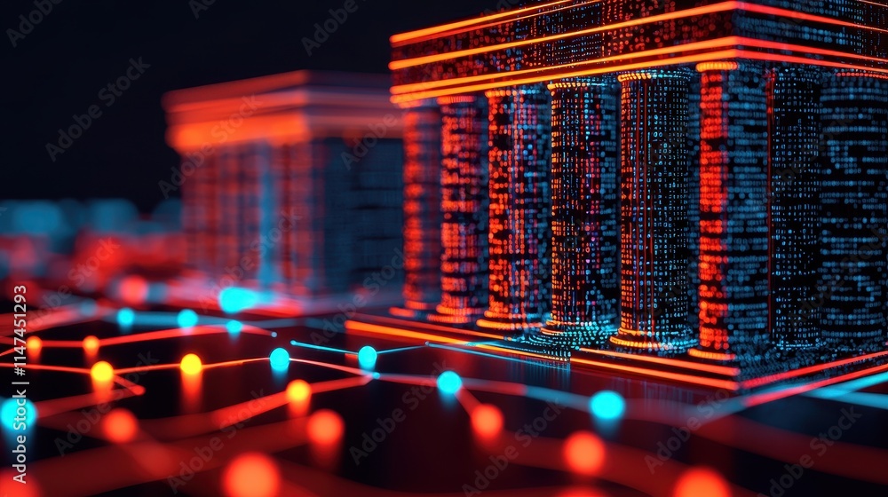 Poster futuristic digital architecture with neon lights and data streams