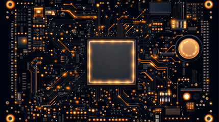 Circuitry Glow: A close-up shot of a circuit board with glowing orange lights, highlighting the intricate network of pathways and connections. The central processor is prominently displayed.