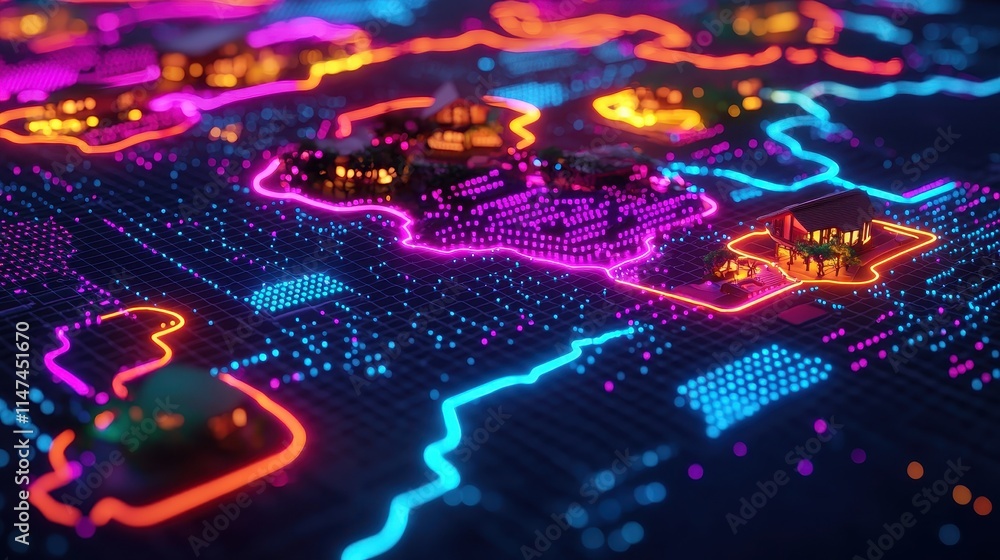 Poster Neon Cityscape Visualization with Bright Digital Elements and Patterns