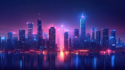 Cyberpunk night city with a future metropolitan skyline, neon lights, futuristic cityscape, and technology 