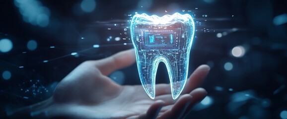A glowing digital tooth held in a hand, symbolizing dental technology.
