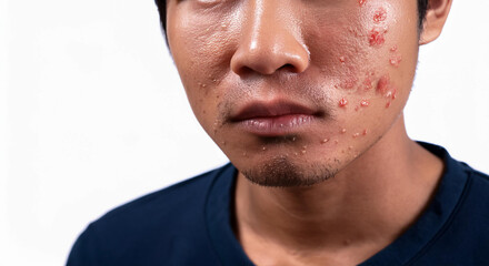 Naklejka premium Inflamed acne problem on Asian man face
