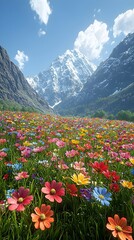Fototapeta premium A breathtaking landscape featuring a vibrant field of wildflowers in various colors, with majestic snow-capped mountains in the background under a clear blue sky.