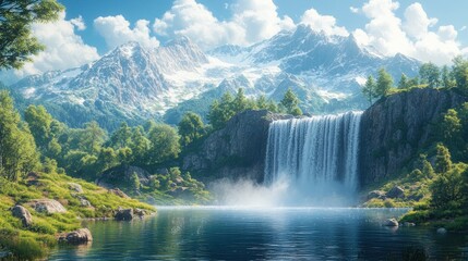 Fototapeta premium Serene waterfall cascades into mountain lake.
