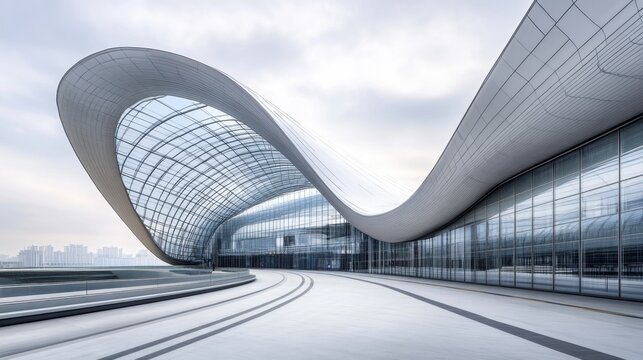Modern architectural design, glass facade, curved lines, spacious plaza.