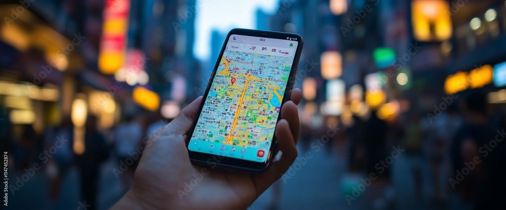 Poster a hand holding a smartphone displaying a colorful map in a busy street.