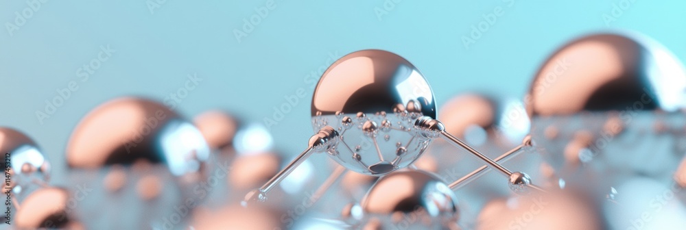 Poster close-up view of abstract metallic molecules on soft color background