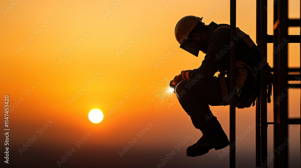 Aufkleber welder working at sunset, creating sparks while seated on structure. silhouette against vibrant oran