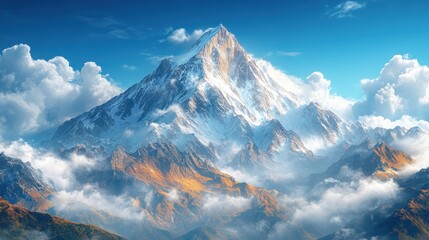 Majestic snow-capped peak, clouds, autumnal mountains.