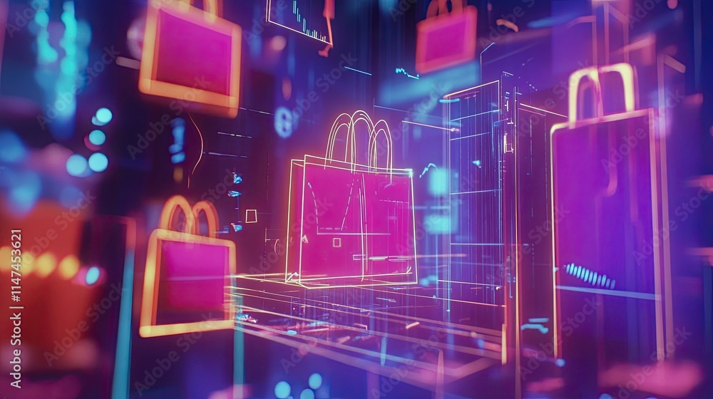 Poster dynamic 3d chart of online retail metrics with futuristic holographic interface and vibrant colors